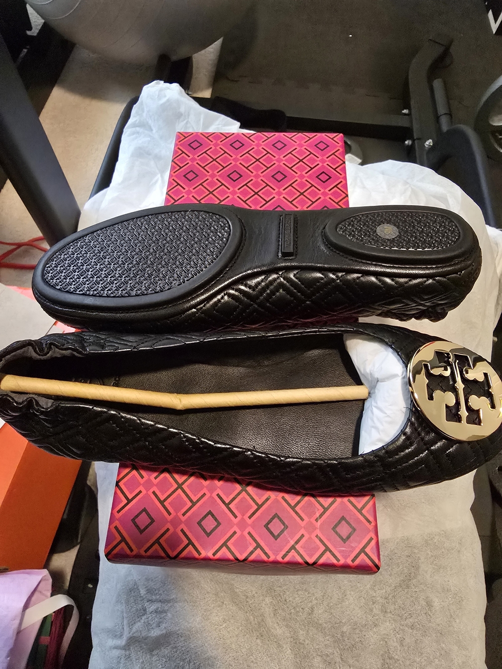 Tory Burch Black Quilted Minnie Leather Logo Ballet Flat with Gold Emblem